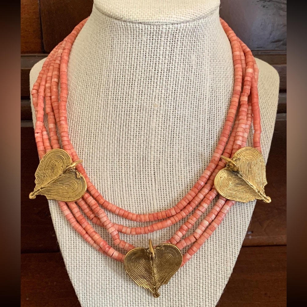 Coral Heishi Bead With Brass Cranes Multi-Strand Necklace. Boho, Tribal
